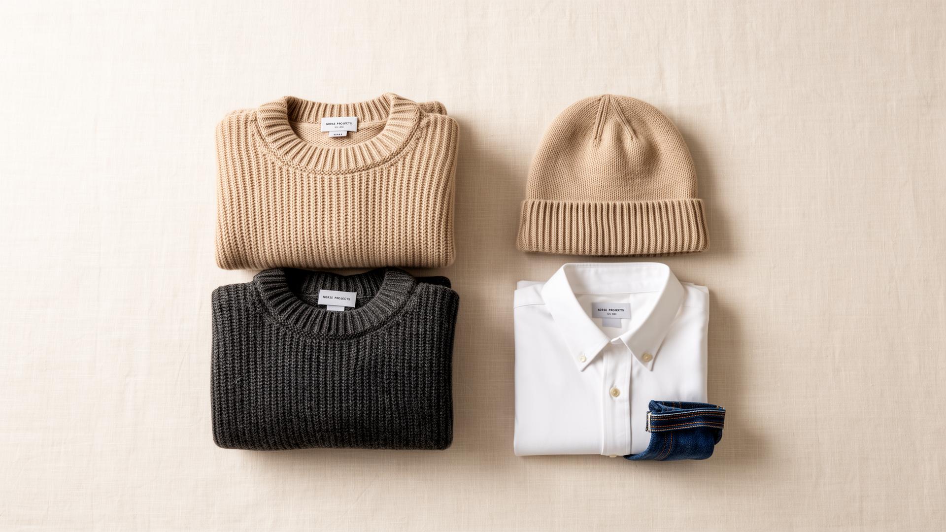 Folded knitwear and oxford shirt flat lay